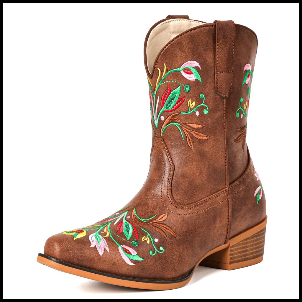 Women's Western Flower Embroidered Ankle Cowgirl Boots Snip Toe Chunky Heel
